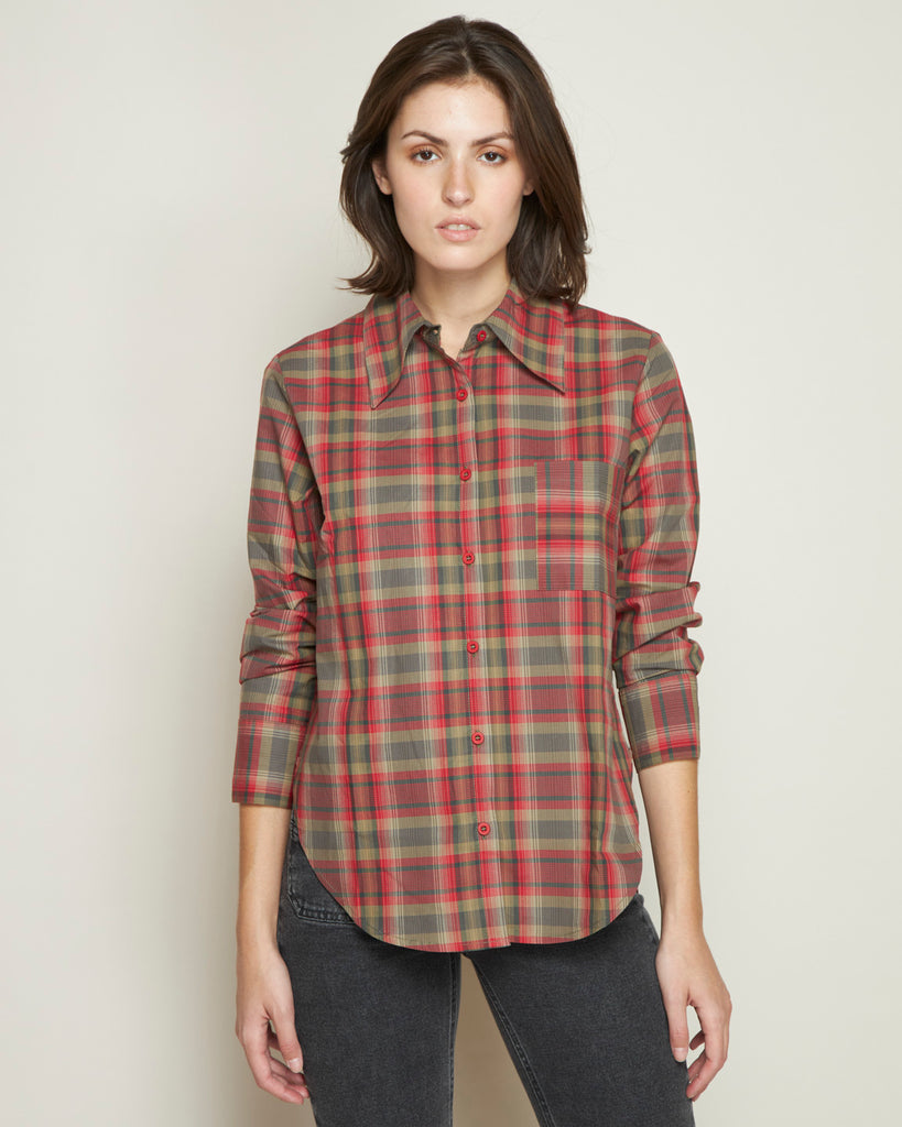 COTTON LONG-SLEEVE RED PLAID BLOUSE
