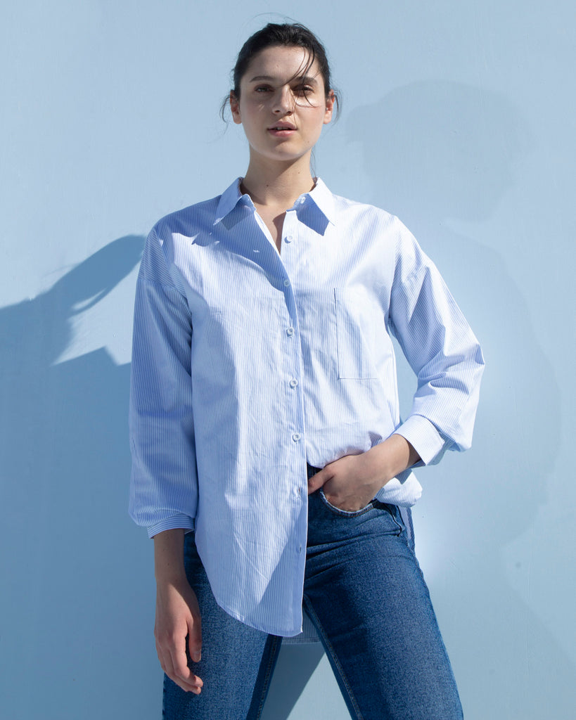 BLUSA CLÁSICA ALGODÓN RAYAS CELESTE